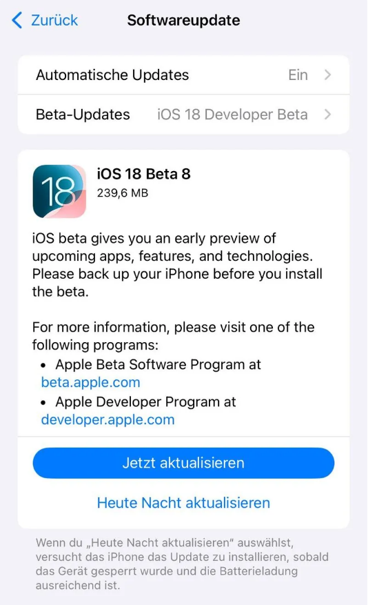 张金镇苹果手机维修分享苹果 iOS / iPadOS 18 开发者预览版 Beta 8 发布 